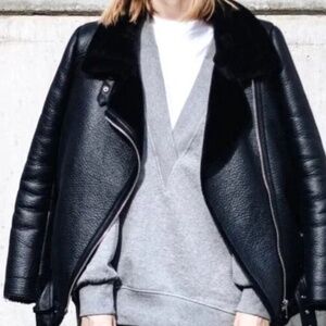 Zara Black Faux Leather Shearling Fur Double Face Jacket